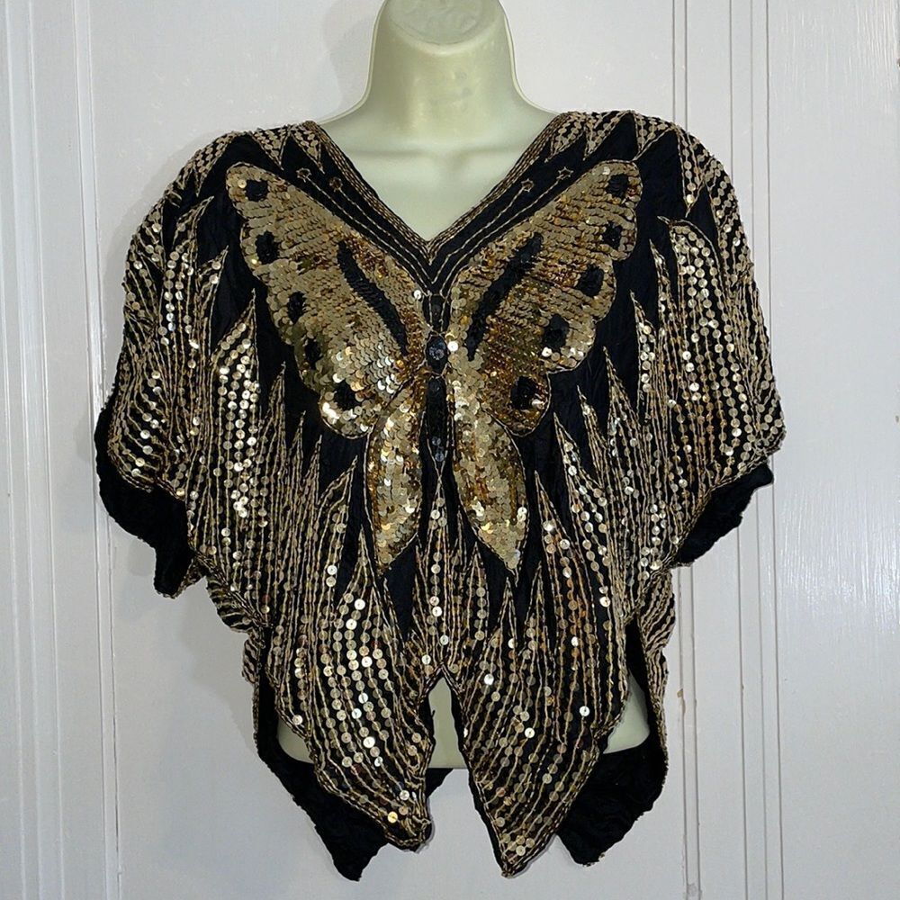 Vtg 70s/80s black silk &‎ gold sequin disco butterfly blouse